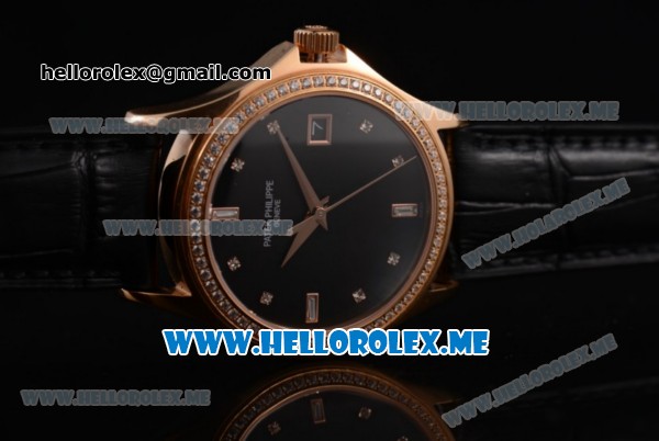 Patek Philippe Calatrava Miyota 9015 Automatic Rose Gold Case with Black Dial Black Leather Strap and Diamonds Markers Diamonds Bezel - Click Image to Close